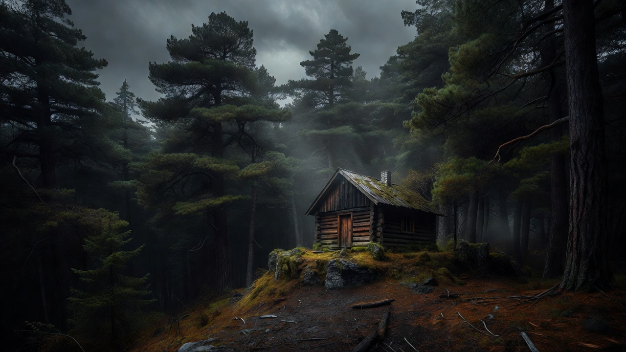 A wooden cabin nestled high up in a dark, moody pine forest