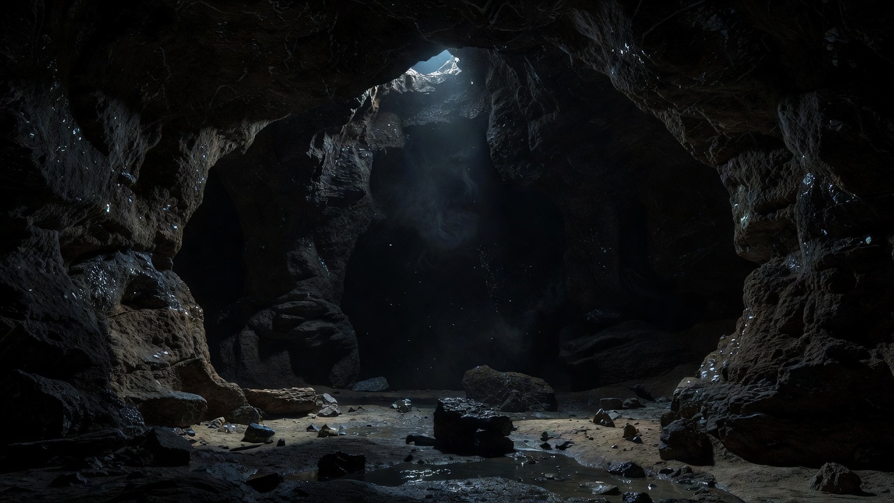 Deep dark subterranean cavern with textured rock walls