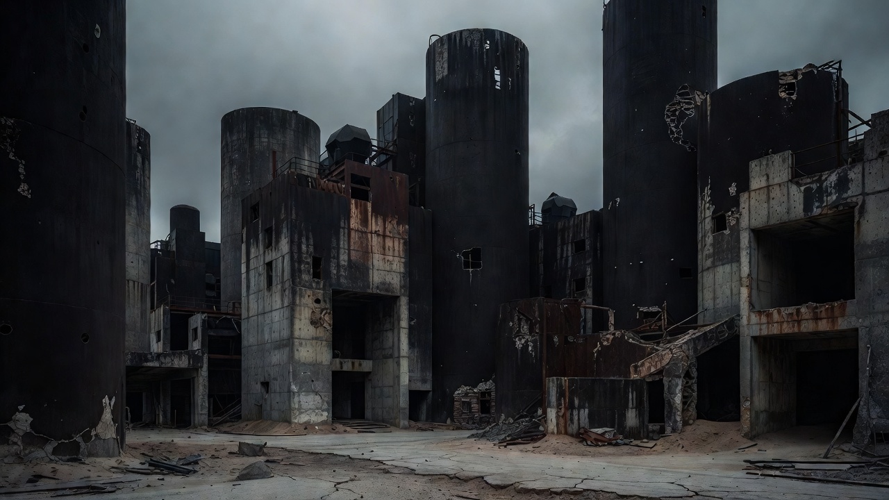 Massive dark industrial concrete structures and silos against a bleak sky