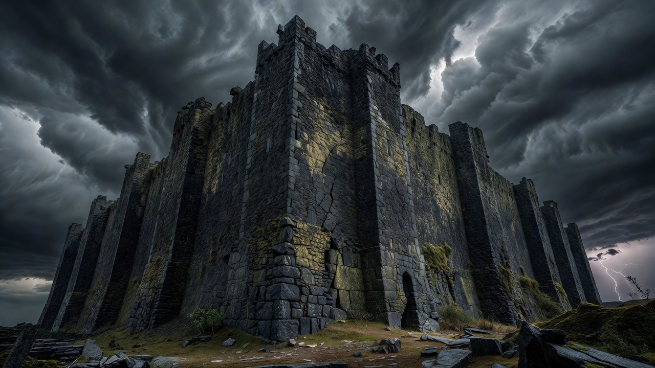 Massive stone fortress walls rising against a dark sky